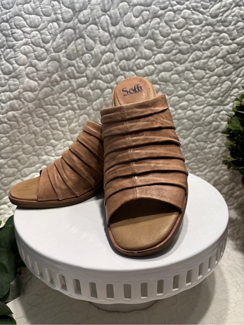 Sofft Tan Ruched Open-Toe Slide Sandals